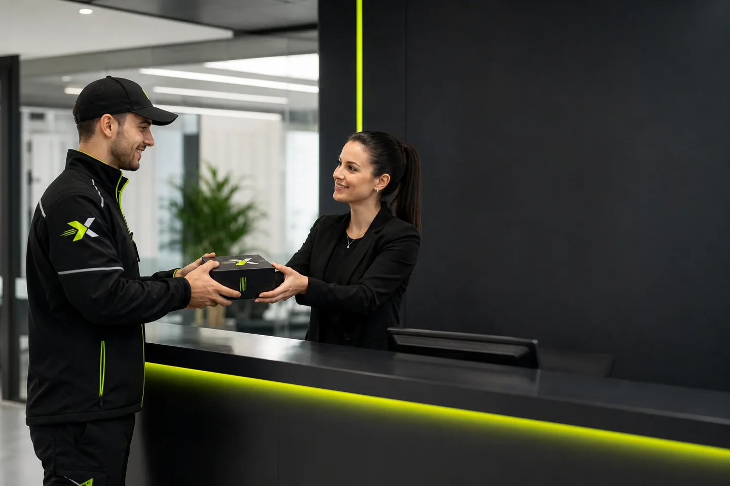 Priority X courier handing a secure parcel to a business customer