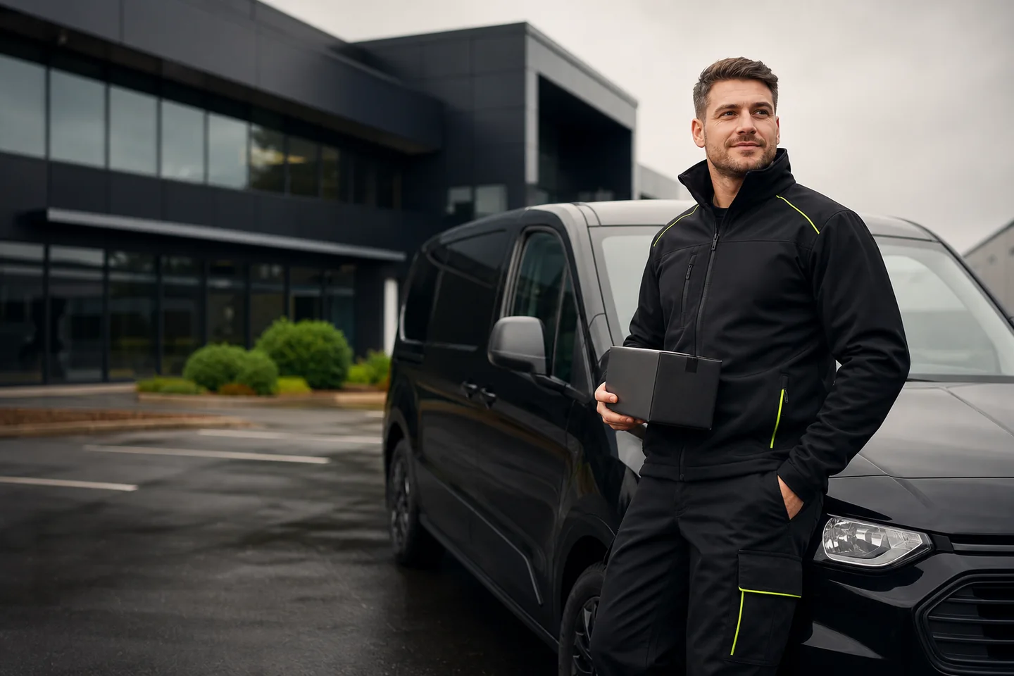 Professional Priority X courier with a black delivery van