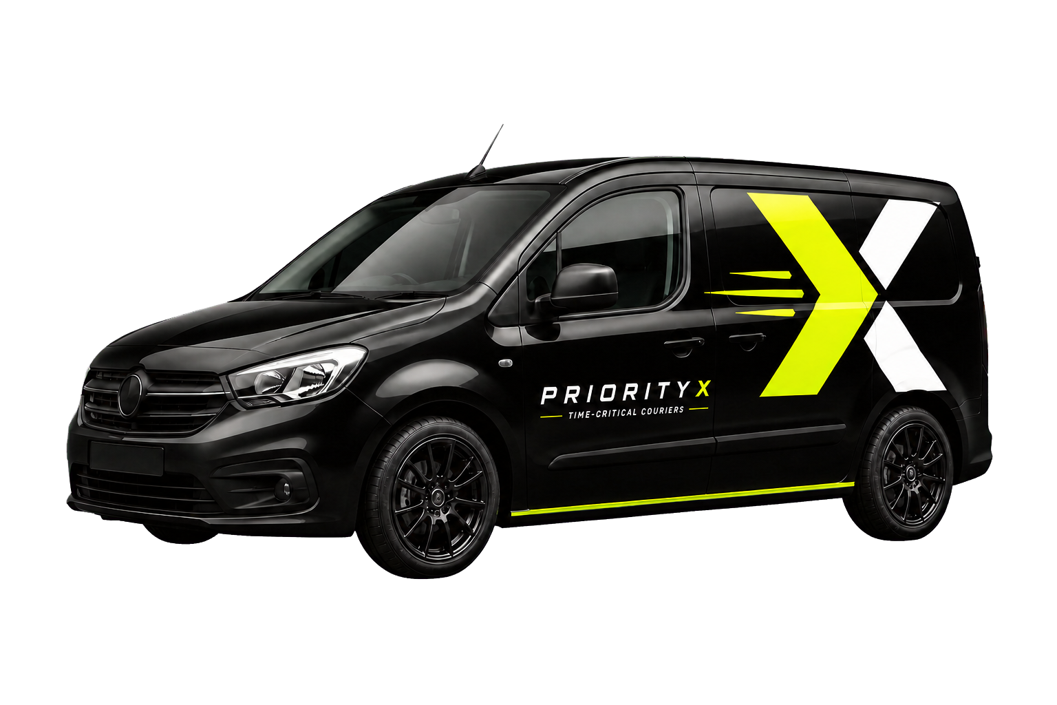 Black Priority X branded courier van and Ford Focus